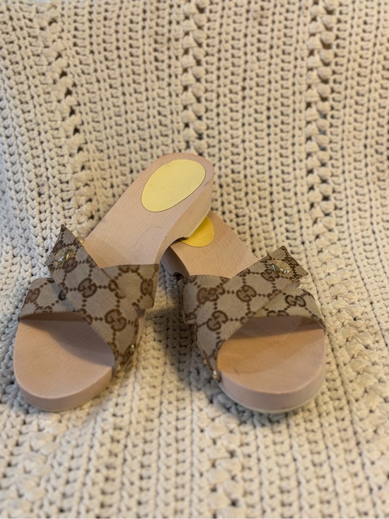 Gucci Shoes - Vintage Gucci women's GG canvas crossover strap wooden clogs. 7.5